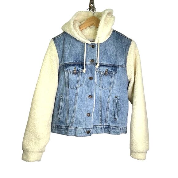Denim Jacket Sherpa Lined Fuzzy Sleeves & Hood Large - Picture 1 of 8
